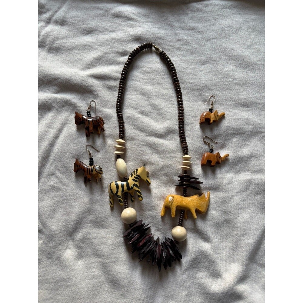 Vintage Large Wooden Shell and Zebra African Wood Necklace Earrings Runway Set